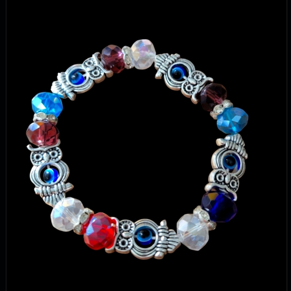 Multicolor Bead Bracelet with Owl Evil Eye Charms - Picture 1 of 2